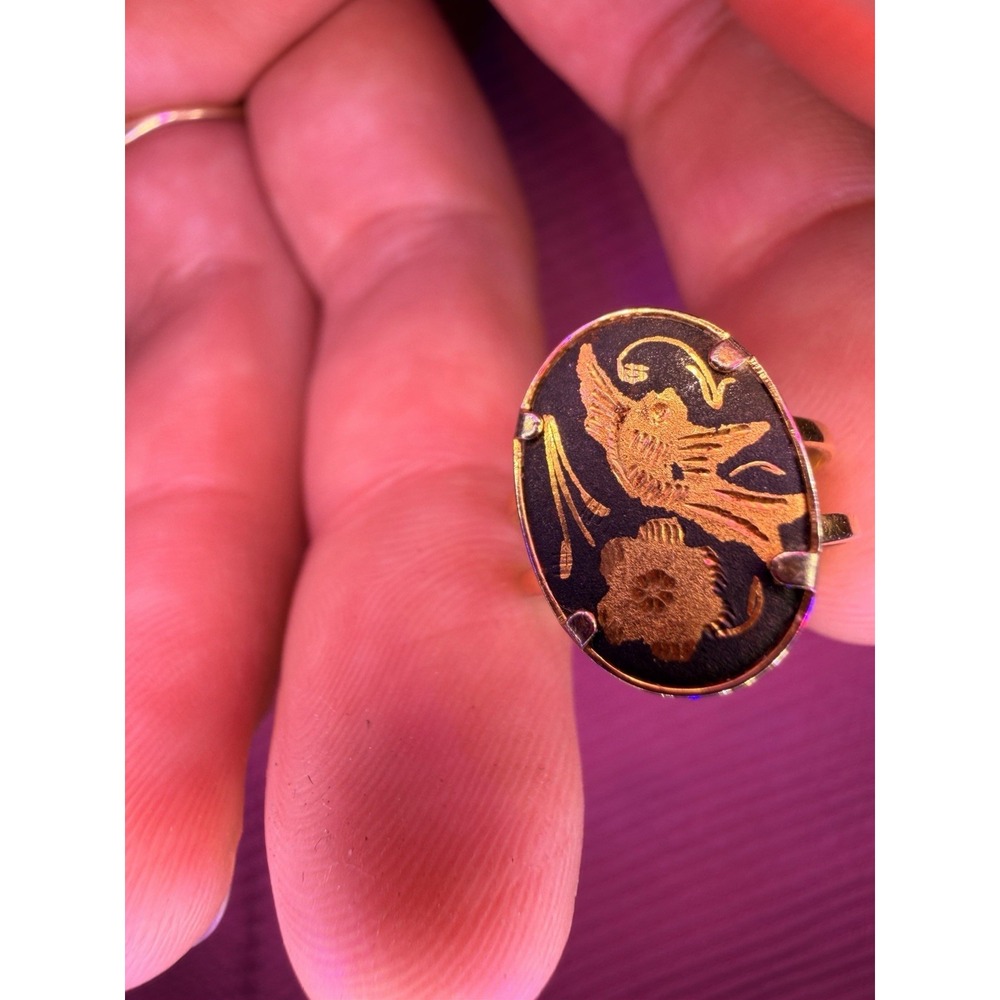 Vintage Toledo Spain damascene Ring Oval black enamel and gold inlay bird flower